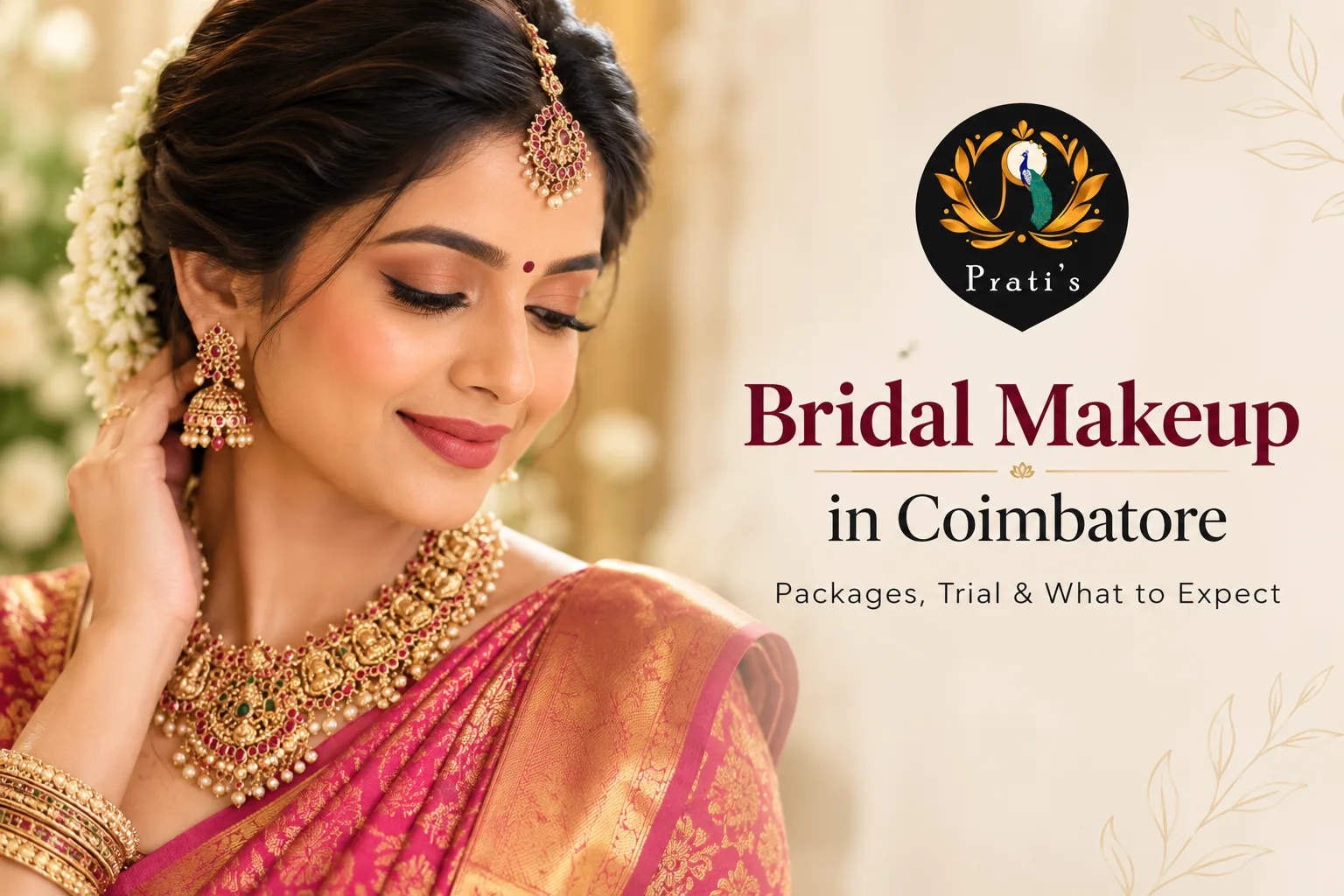 Bride in pink silk saree with temple jewellery and jasmine flowers - Bridal makeup in Coimbatore by Pratis