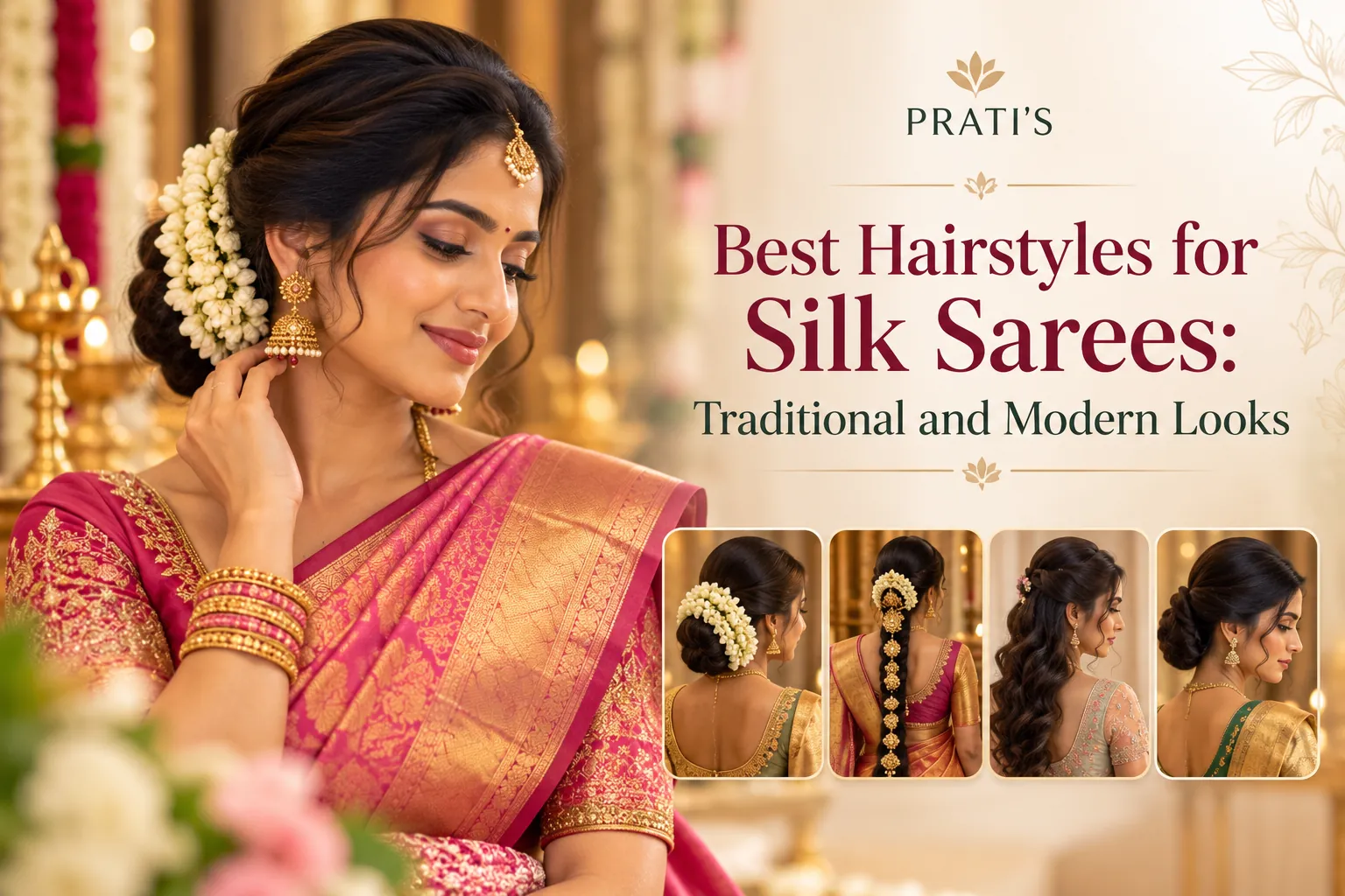 Woman in a pink and gold silk saree with a jasmine-adorned bun, beside four silk saree hairstyles: jasmine bun, bridal braid, half-up waves and sleek low bun